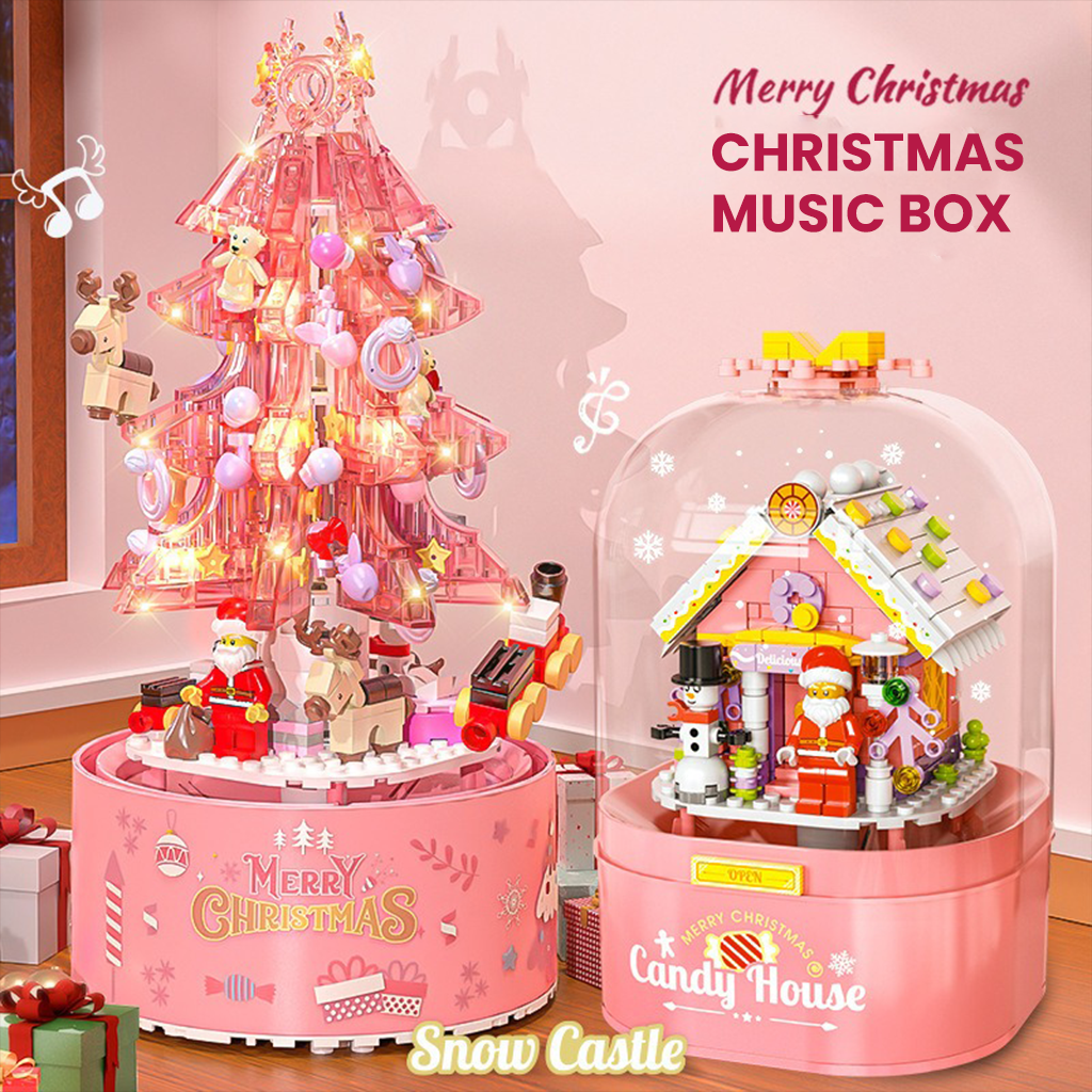 YOTOY Christmas Brick Candy House with Santa, Snowfall, and Rotating Music Box - Compatible with Building Blocks