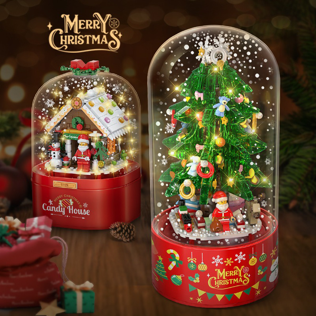 YOTOY Christmas Brick Candy House with Santa, Snowfall, and Rotating Music Box - Compatible with Building Blocks