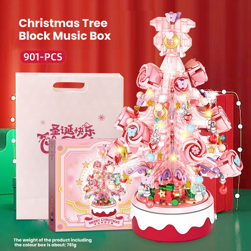 YOTOY Children's Christmas Tree Light Music Box Building Block Toy with Mini Bricks for Educational Creative Assembly, Festive Decorative Gift