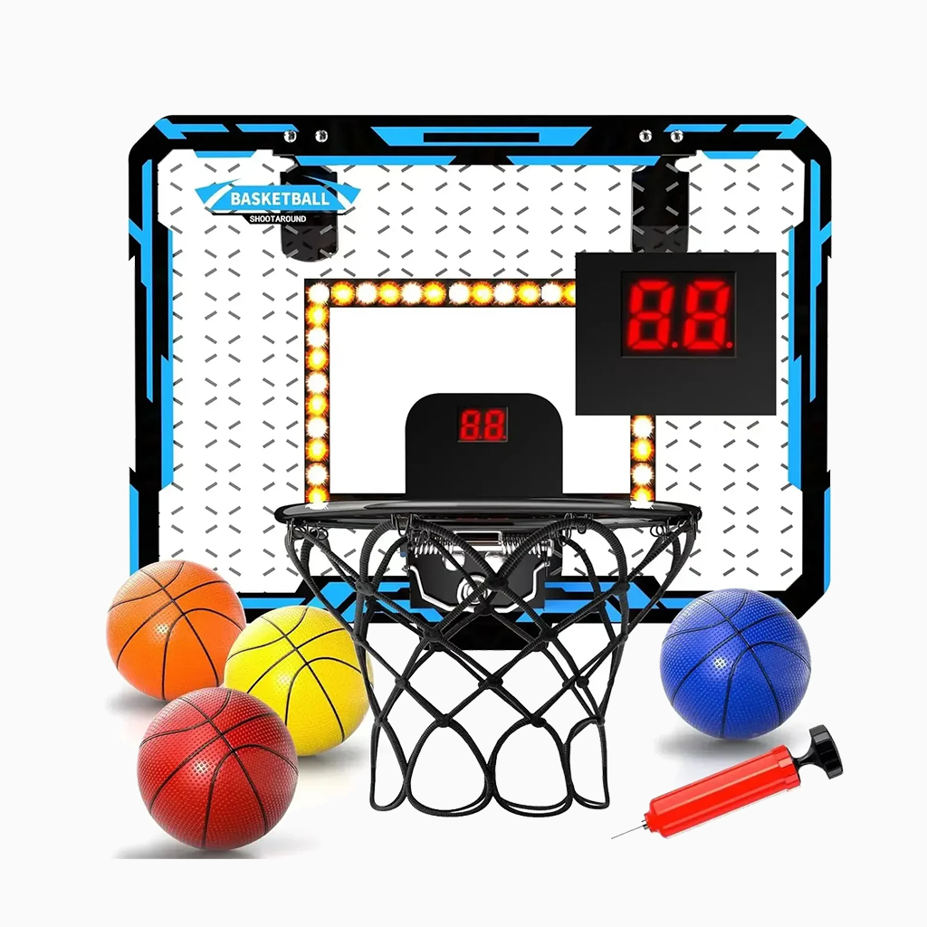 YOTOY Basketball Hoop Indoor, LED Light Mini Basketball Hoop with 4 Balls Electronic Scoreboard, Over The Door Basketball Hoop