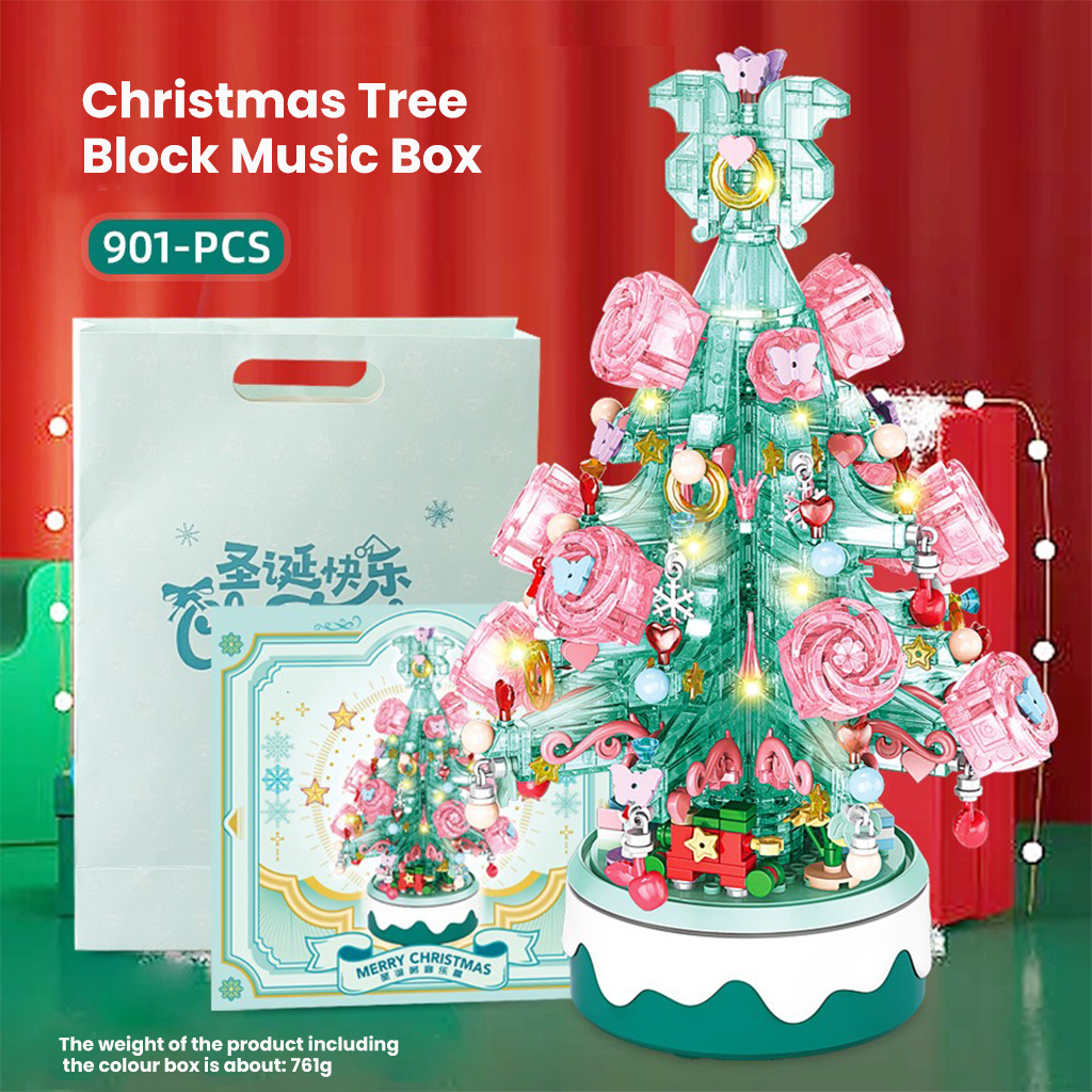 YOTOY Children's Christmas Tree Light Music Box Building Block Toy with Mini Bricks for Educational Creative Assembly, Festive Decorative Gift