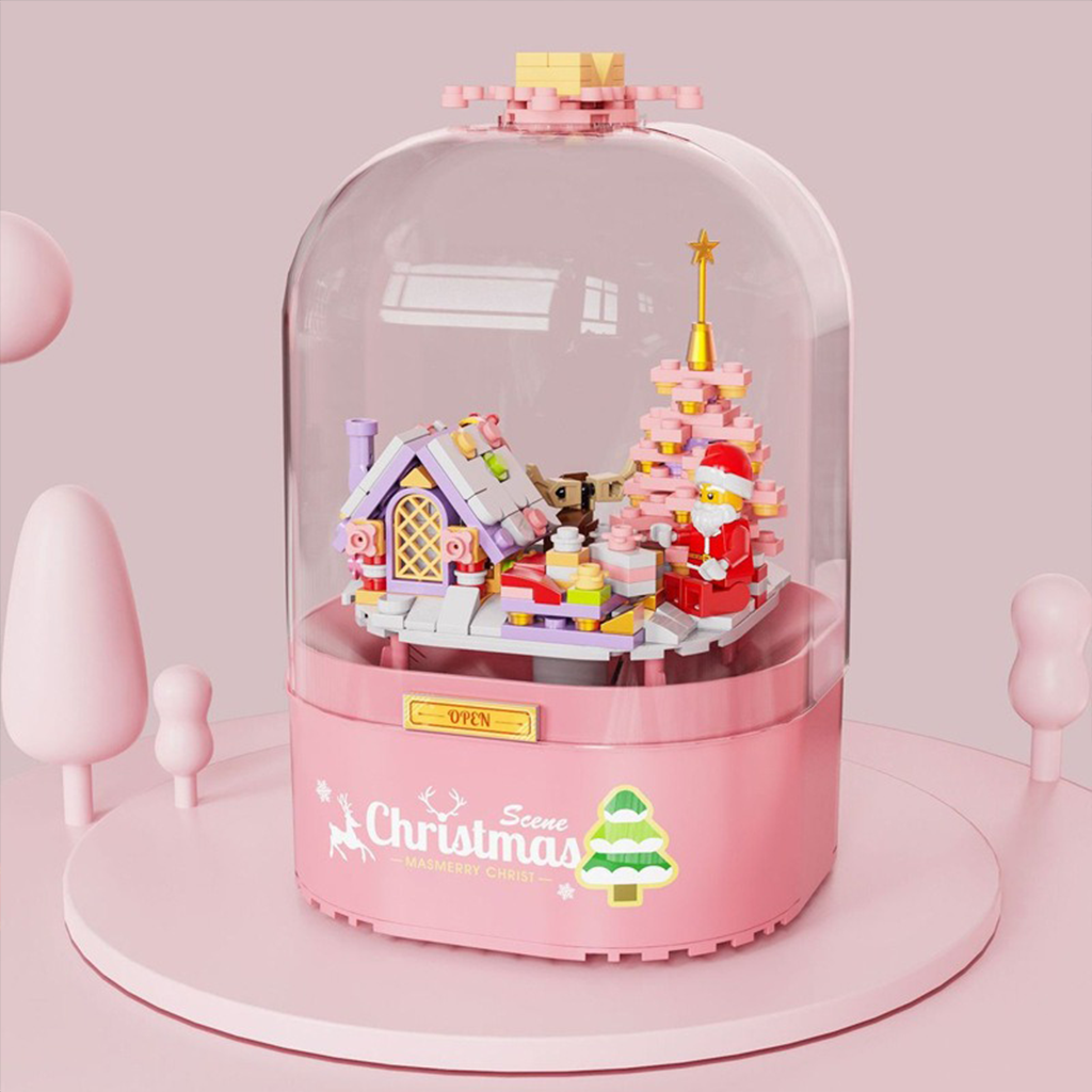 YOTOY Christmas Brick Candy House with Santa, Snowfall, and Rotating Music Box - Compatible with Building Blocks