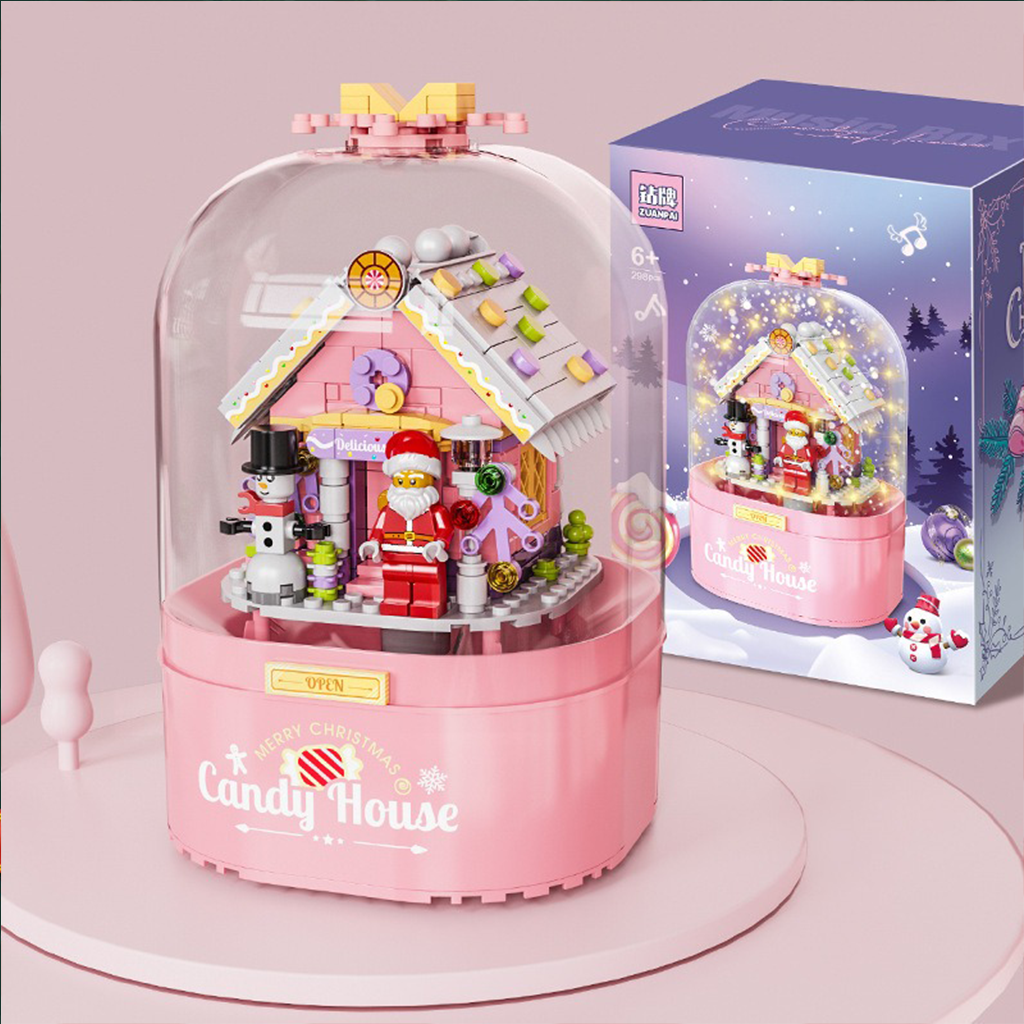 YOTOY Christmas Brick Candy House with Santa, Snowfall, and Rotating Music Box - Compatible with Building Blocks