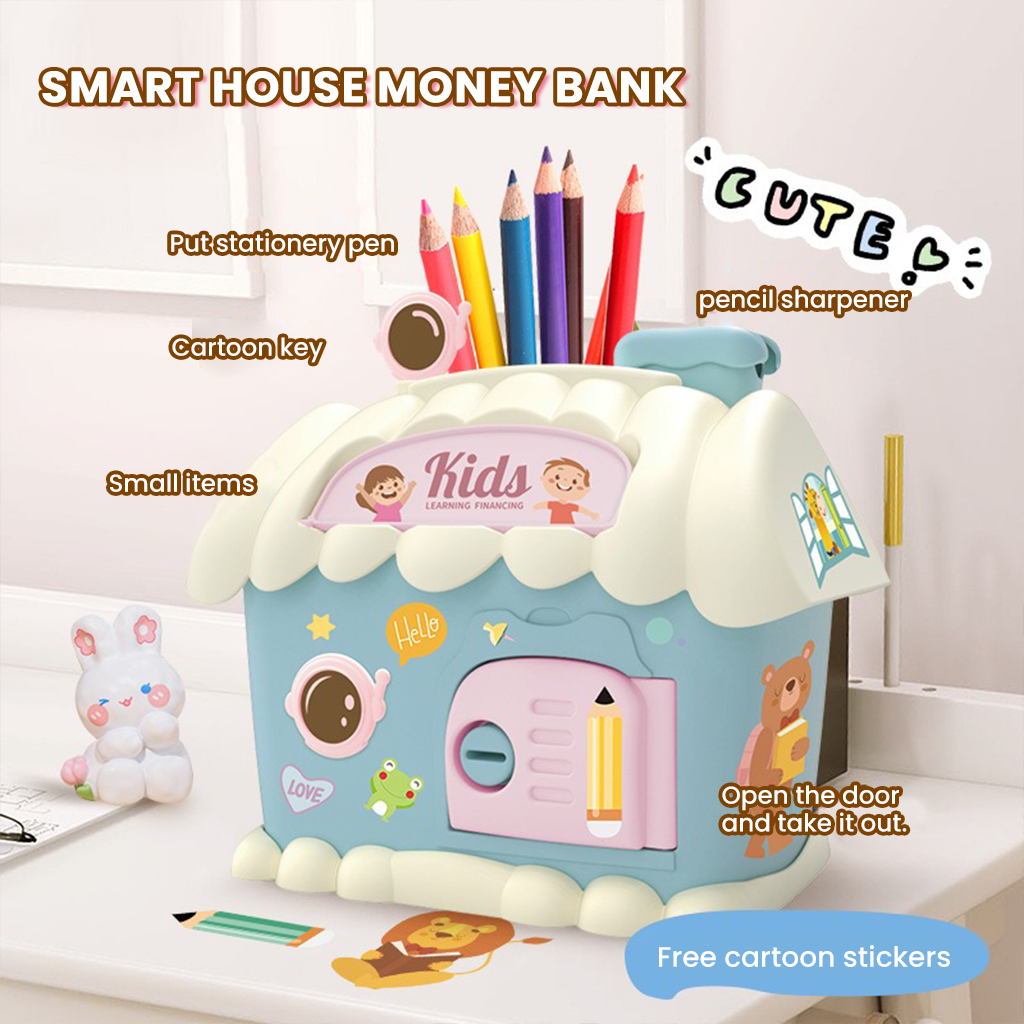 YOTOY Kids' Smart House Money Bank Toy - Save & Withdraw Multi-functional Bunny House Coin Bank with Pen Holder & Desktop Ornament