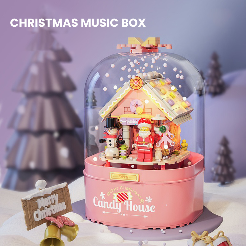 YOTOY Christmas Brick Candy House with Santa, Snowfall, and Rotating Music Box - Compatible with Building Blocks