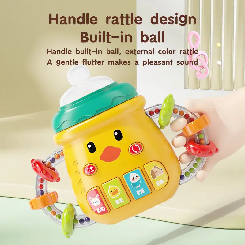 YOTOY Teething Rattle Drum Sensory Toy with Pacifier, Baby Bottle Nipple & Music Light-up English Learning Machine