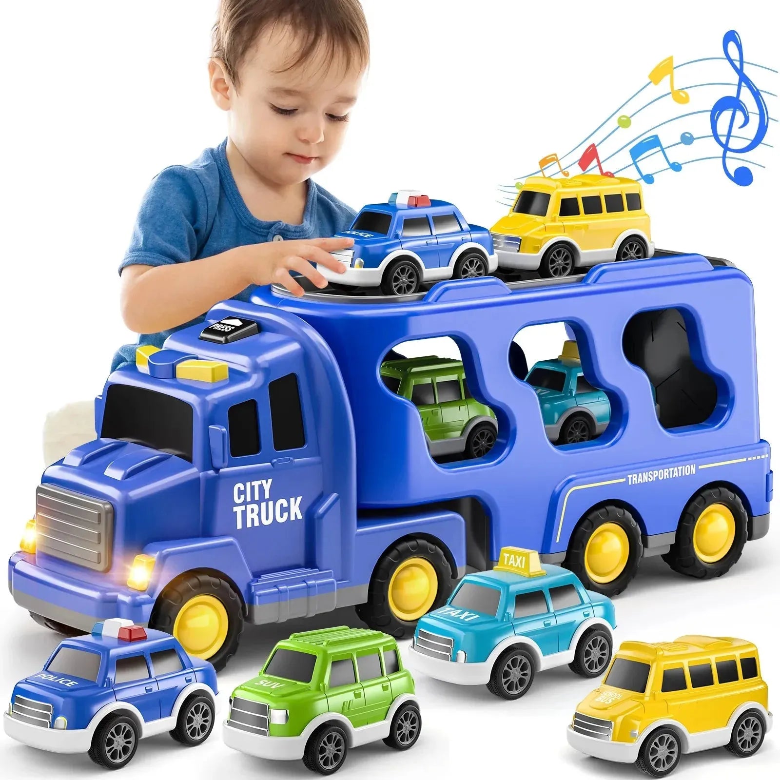 YOTOY 2024 Hot selling inertial lighting music transport car, 5 in 1 storage double-decker truck, urban fire engineering toy car - YOTOY