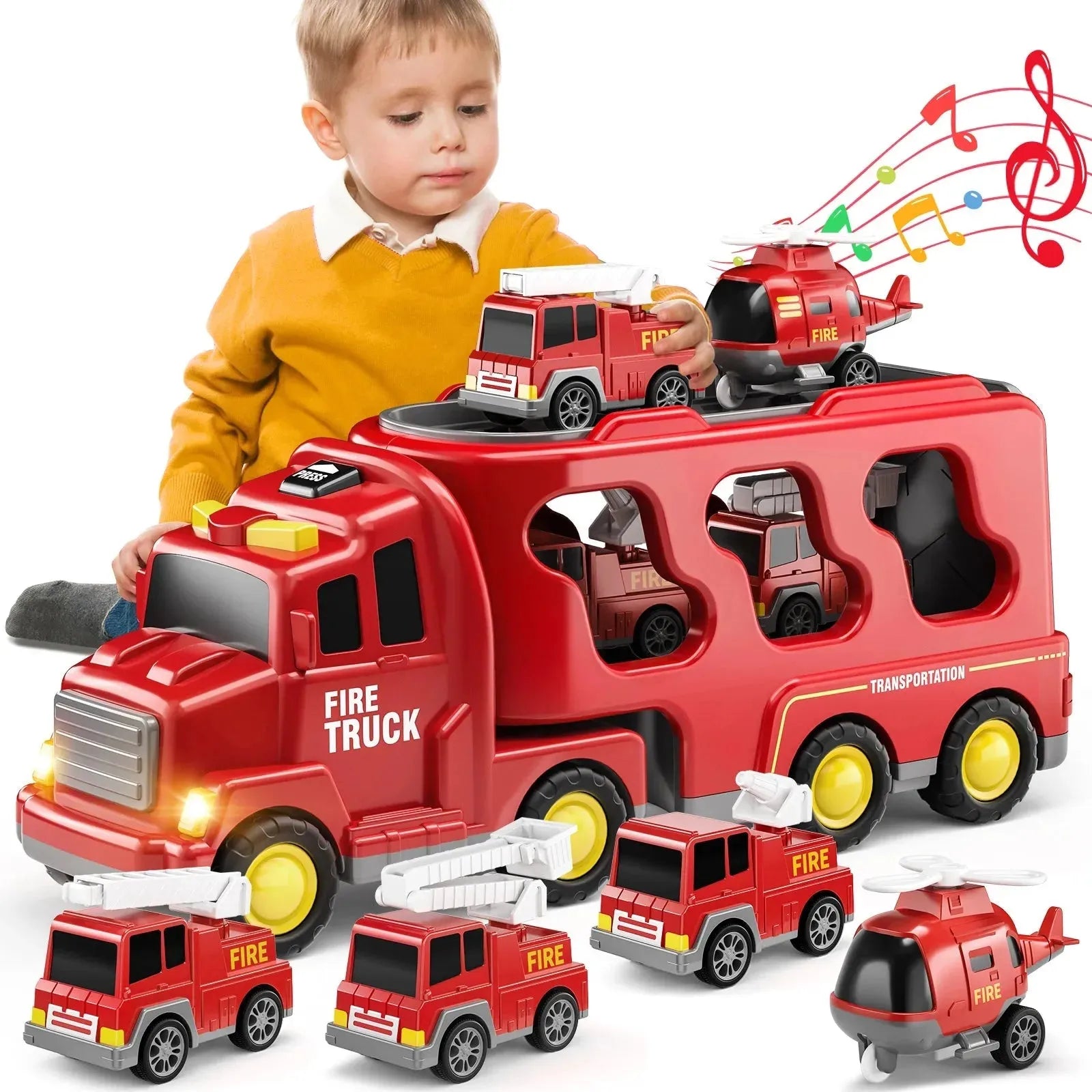 YOTOY 2024 Hot selling inertial lighting music transport car, 5 in 1 storage double-decker truck, urban fire engineering toy car - YOTOY