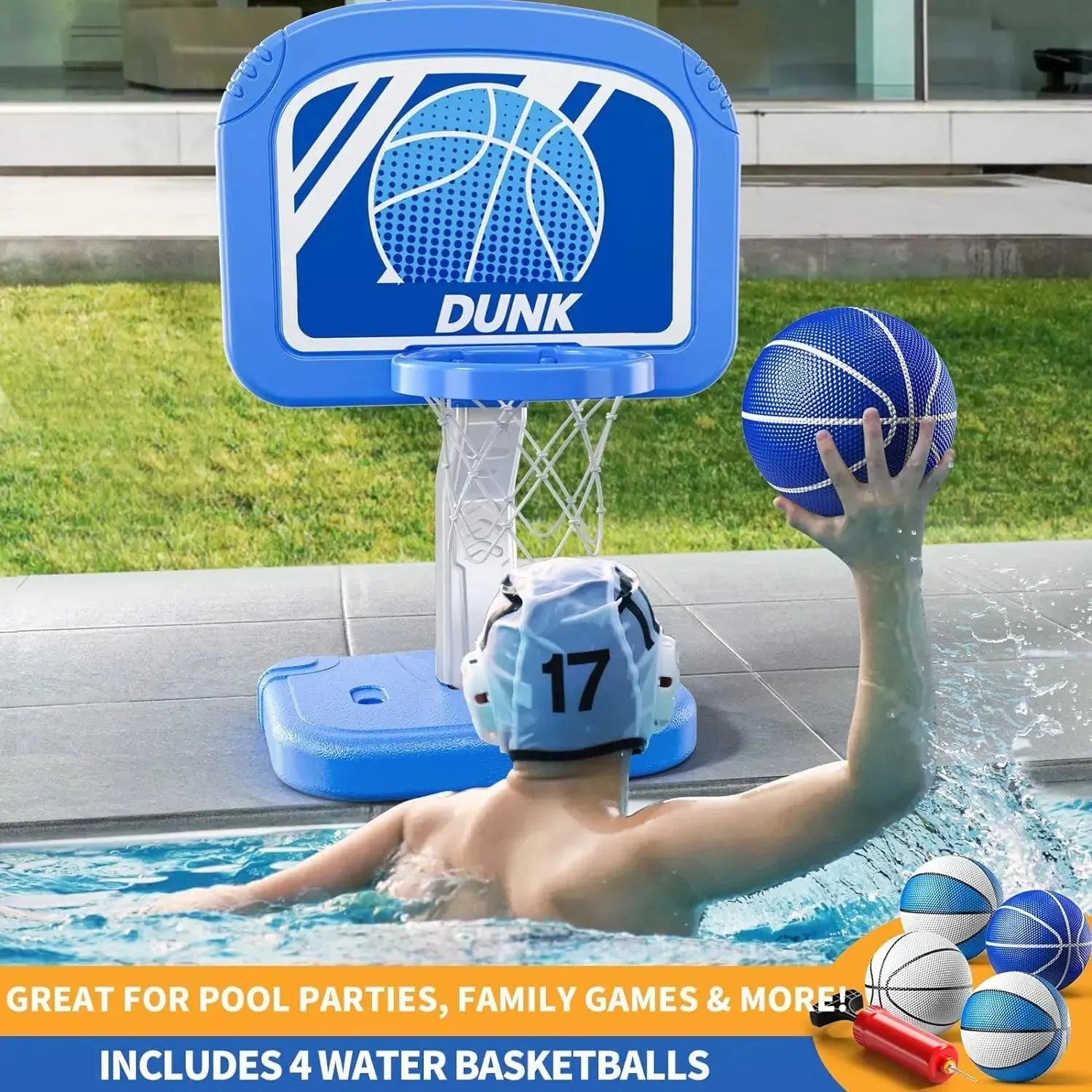 YOTOY Children water Basketball Indoor Outdoor Basketball Game, Adjustable Poolside Hoops with 4 Balls and Pump - YOTOY