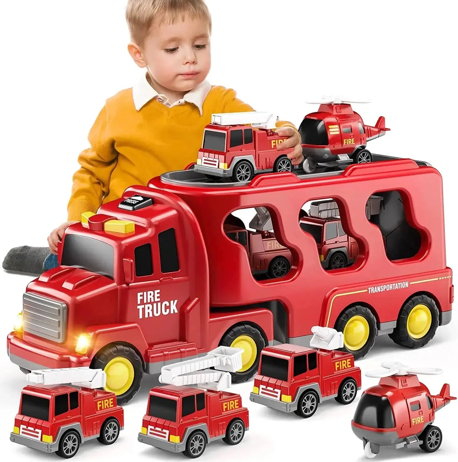 YOTOY Fire Toys for Boys Girls 5 in1Carrier Truck Transport Cars for Toddlers Friction Power Vehicles for Kids Christmas Birthday Gift - YOTOY