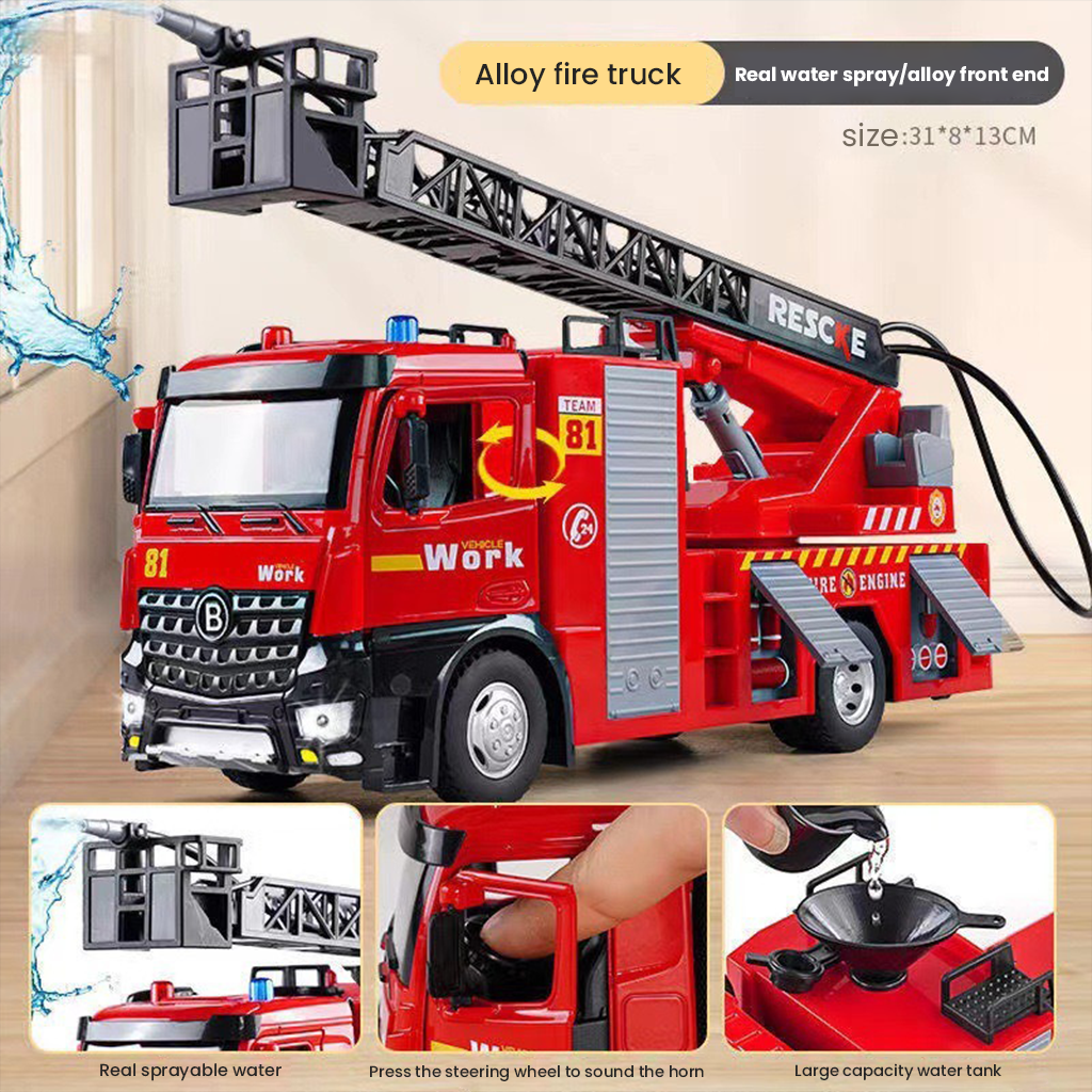 YOTOY Giant Size Kids' Alloy Fire Truck Toy Car with Water Spraying, Ladder Rescue Vehicle - Perfect for Boys - YOTOY