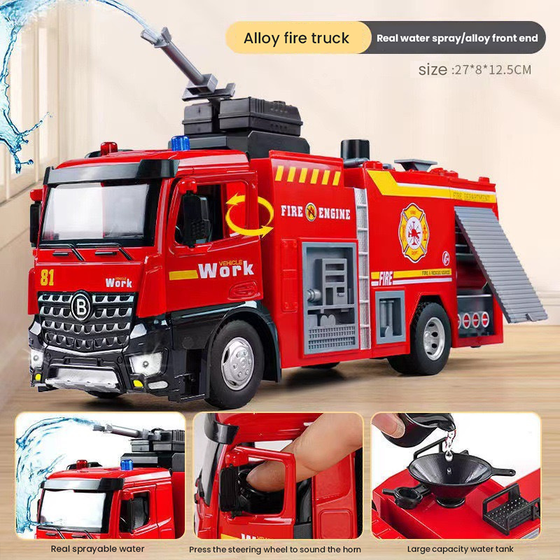 YOTOY Giant Size Kids' Alloy Fire Truck Toy Car with Water Spraying, Ladder Rescue Vehicle - Perfect for Boys - YOTOY