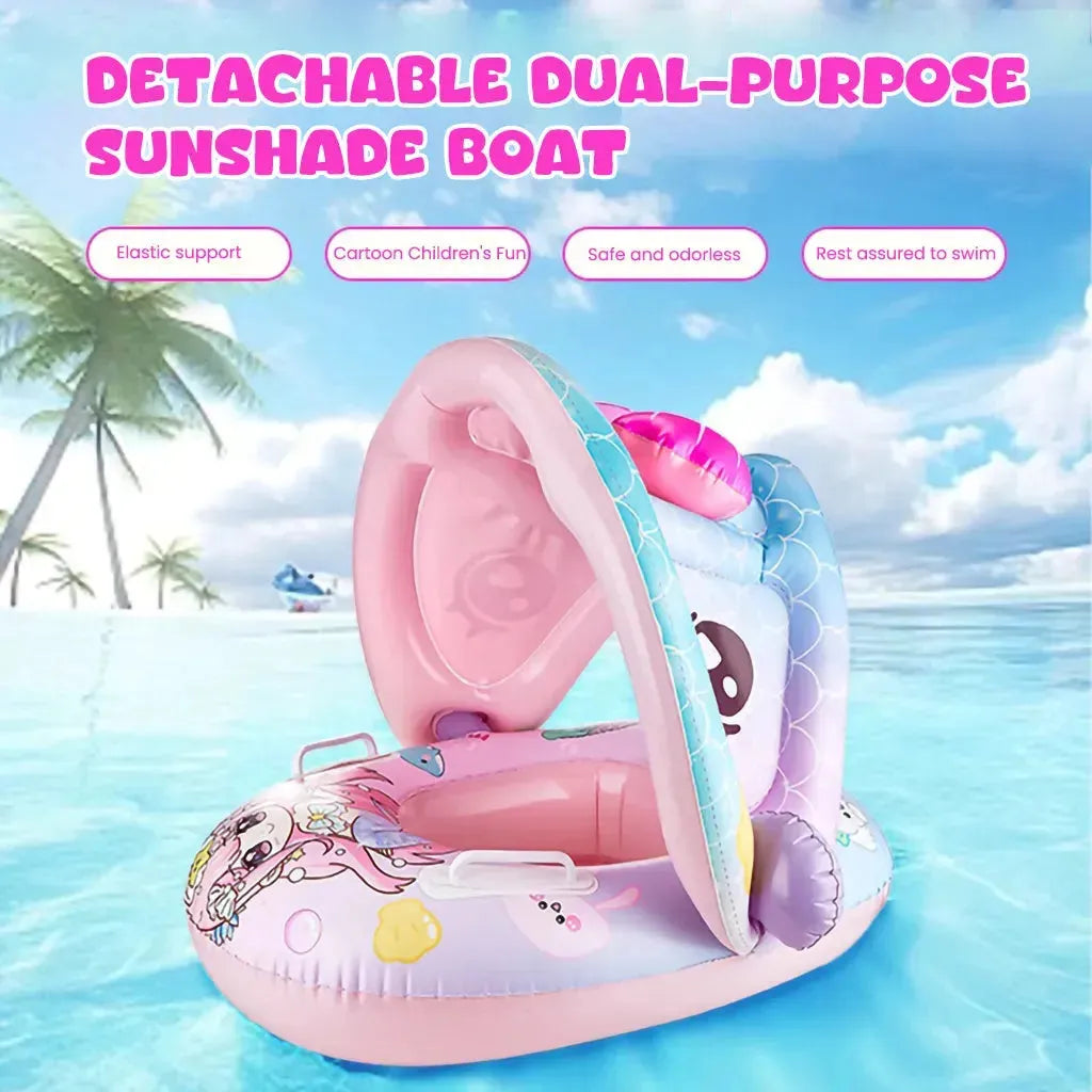 YOTOY Inflatable Pink Mermaid Handle Swim Ring with Sunshade for Kids & Toddlers - YOTOY