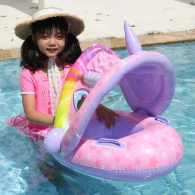 YOTOY Inflatable Pink Mermaid Handle Swim Ring with Sunshade for Kids & Toddlers - YOTOY