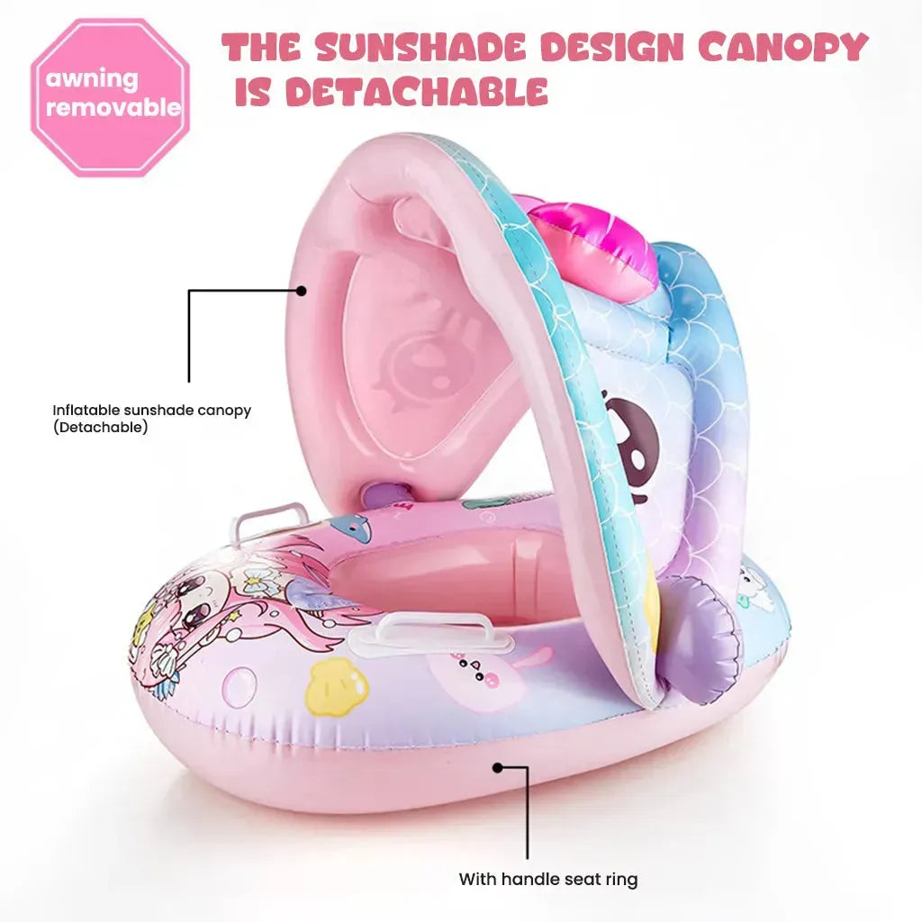 YOTOY Inflatable Pink Mermaid Handle Swim Ring with Sunshade for Kids & Toddlers - YOTOY