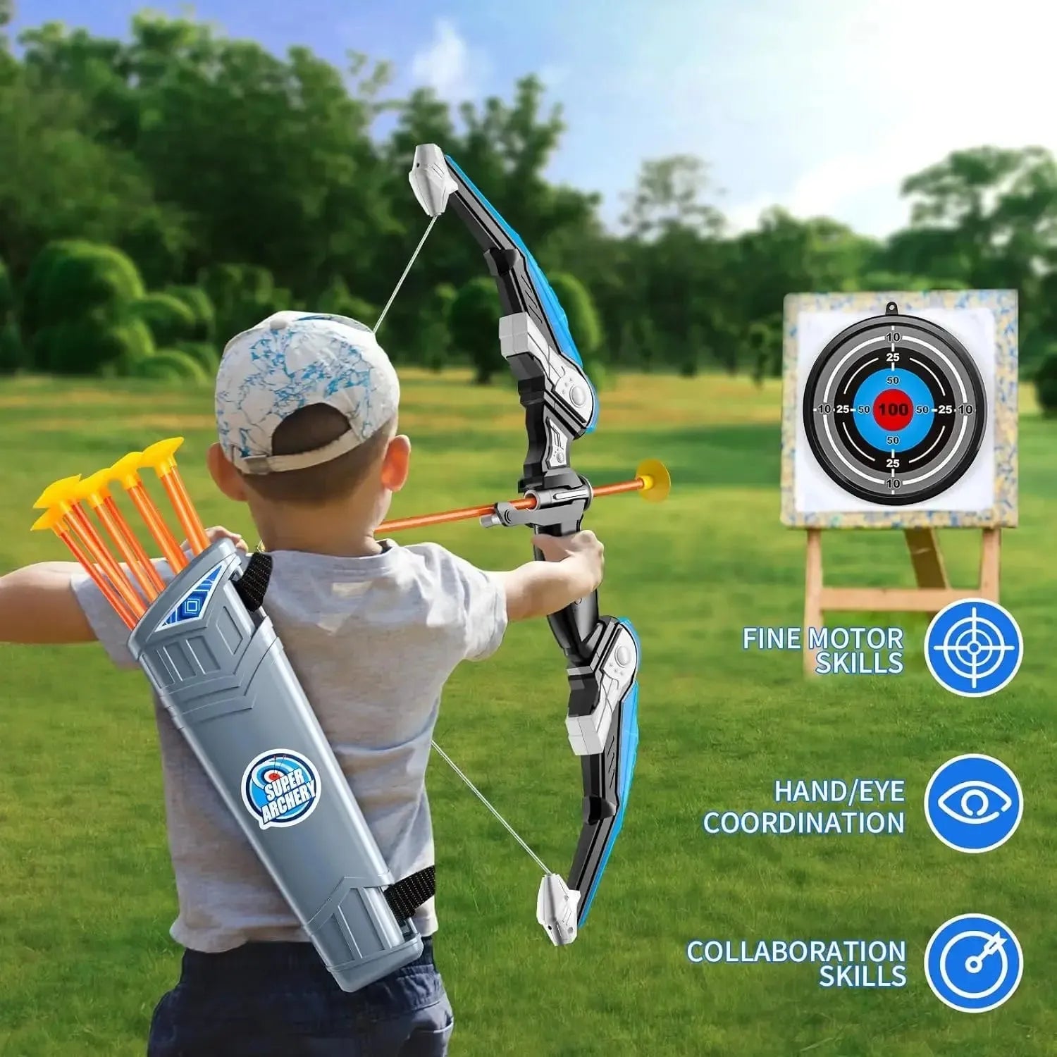 YOTOY Kids Bow and Arrow Set - LED Light Up Archery Toy Set with 10 Suction Cup Arrows, 4 Target & Quiver Indoor and Outdoor Toy - YOTOY