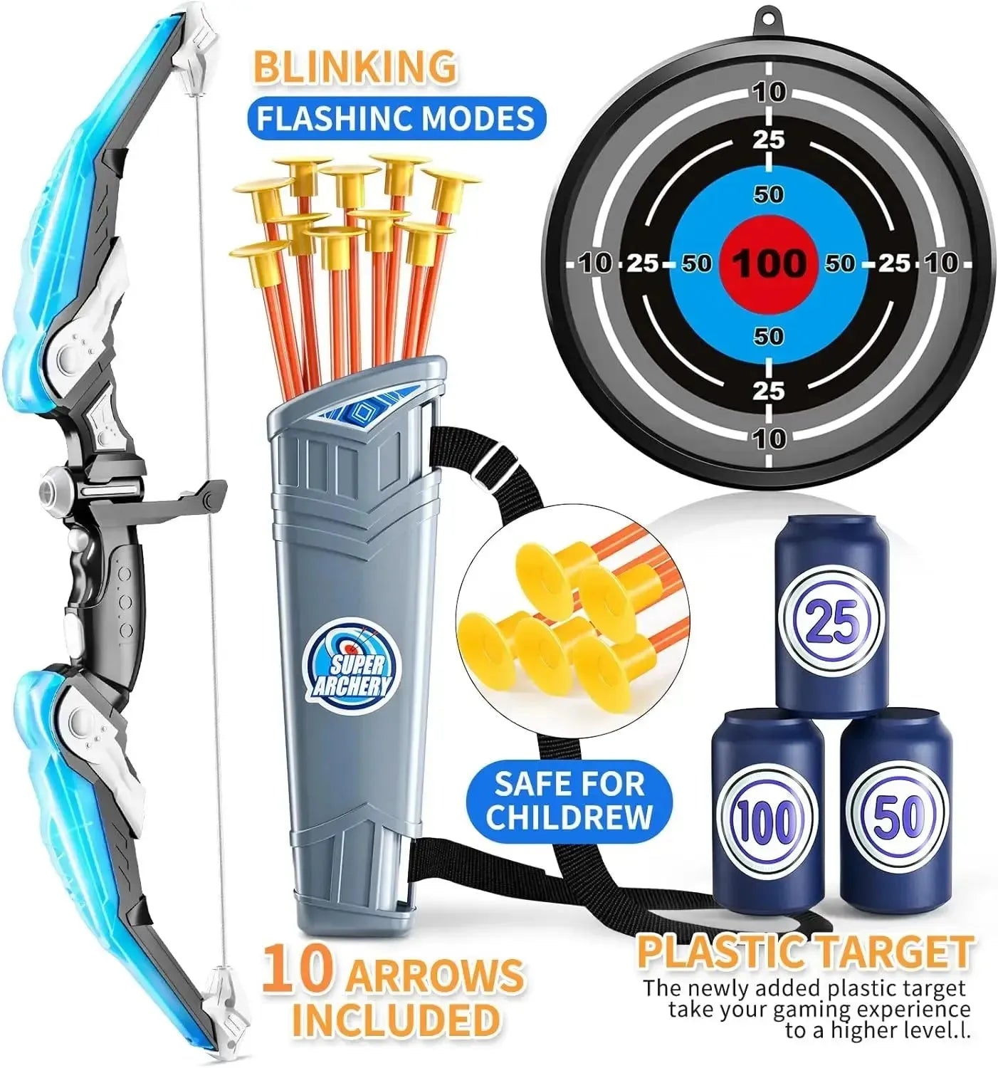 YOTOY Kids Bow and Arrow Set - LED Light Up Archery Toy Set with 10 Suction Cup Arrows, 4 Target & Quiver Indoor and Outdoor Toy - YOTOY