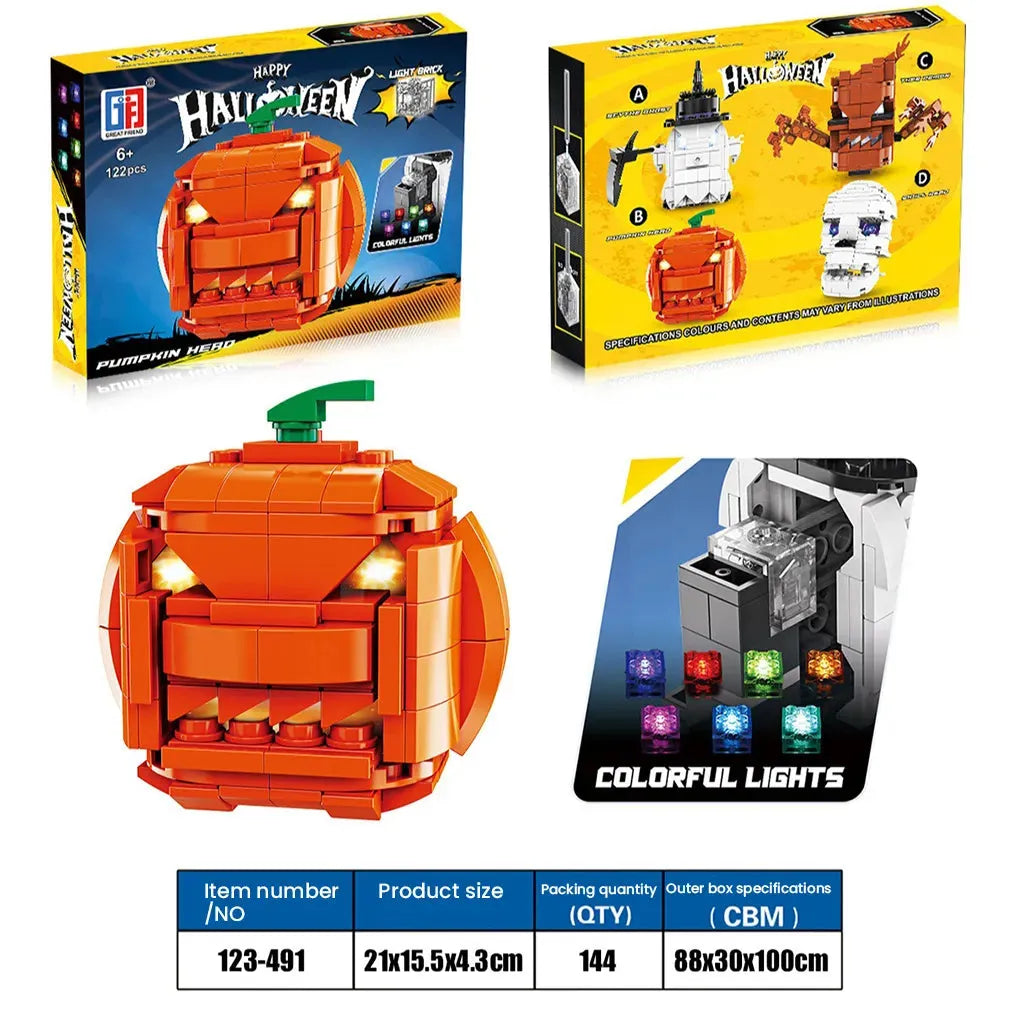 YOTOY New Halloween Building Block Toy - Light-Up Pumpkin Head Assembly Brick Set, Easter Mini Figure Gift - YOTOY