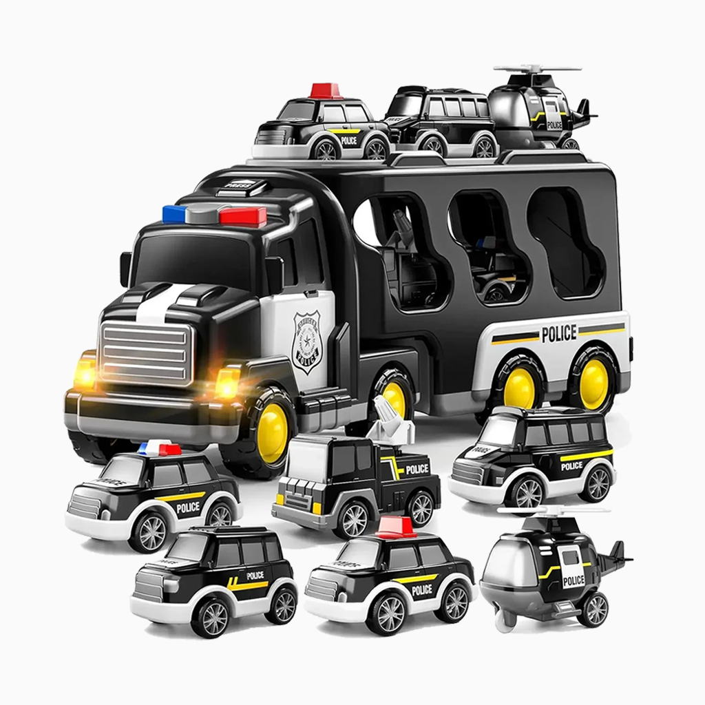 YOTOY Police Truck Toys - 7-in-1 Friction Power Emergency Vehicle, Police Car Toy, Carrier Truck Toys for Toddler 2 3 4 5 6 old - YOTOY