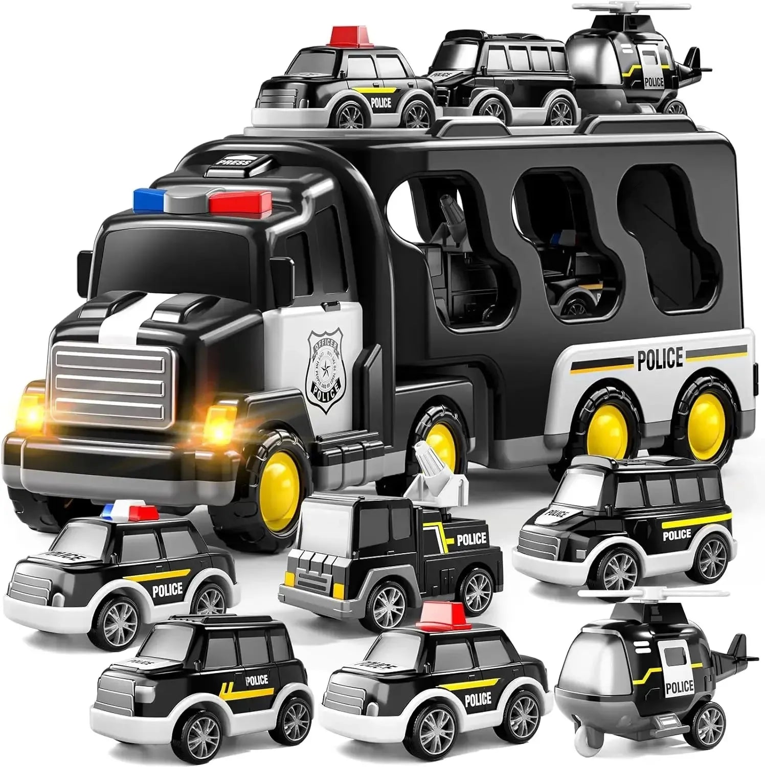 YOTOY Police Truck Toys - 7-in-1 Friction Power Emergency Vehicle, Police Car Toy, Carrier Truck Toys for Toddler 2 3 4 5 6 old - YOTOY