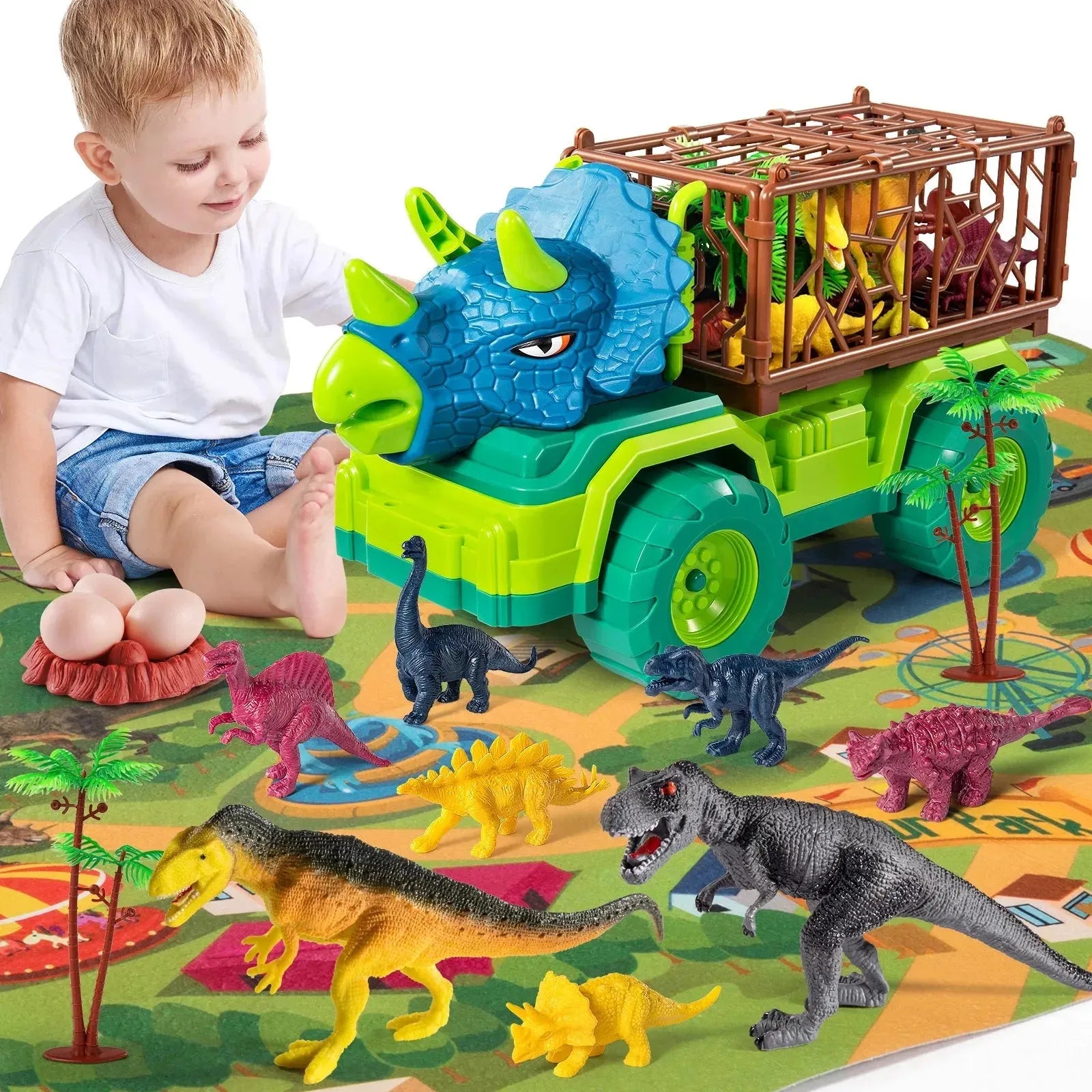 YOTOY Robot Dinosaur Head Carrier Truck Set Toddler Dinosaur Transport Car Toys for Kids with Play Mat Dino Figures Dinosaur Eggs - YOTOY