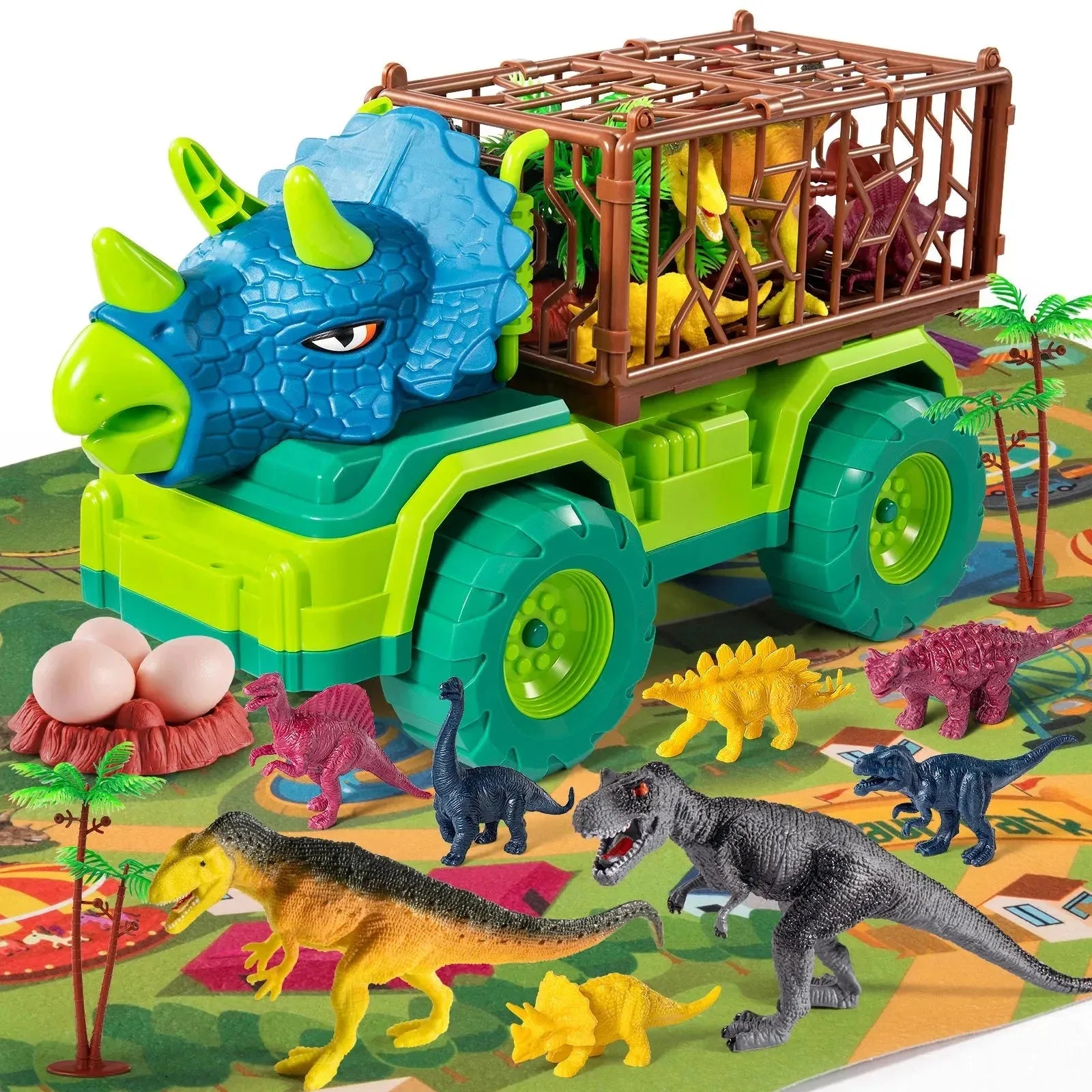 YOTOY Robot Dinosaur Head Carrier Truck Set Toddler Dinosaur Transport Car Toys for Kids with Play Mat Dino Figures Dinosaur Eggs - YOTOY