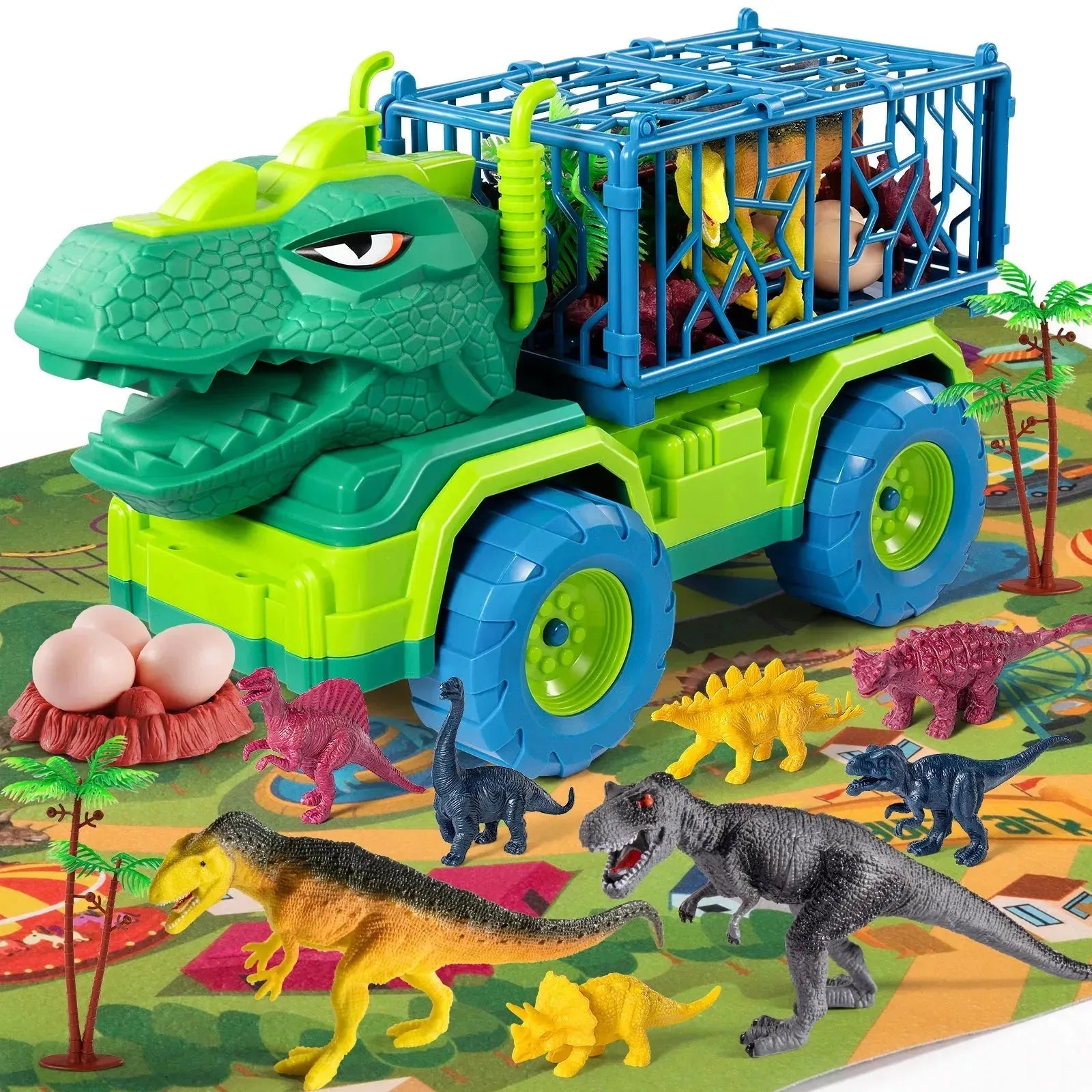 YOTOY Robot Dinosaur Head Carrier Truck Set Toddler Dinosaur Transport Car Toys for Kids with Play Mat Dino Figures Dinosaur Eggs - YOTOY