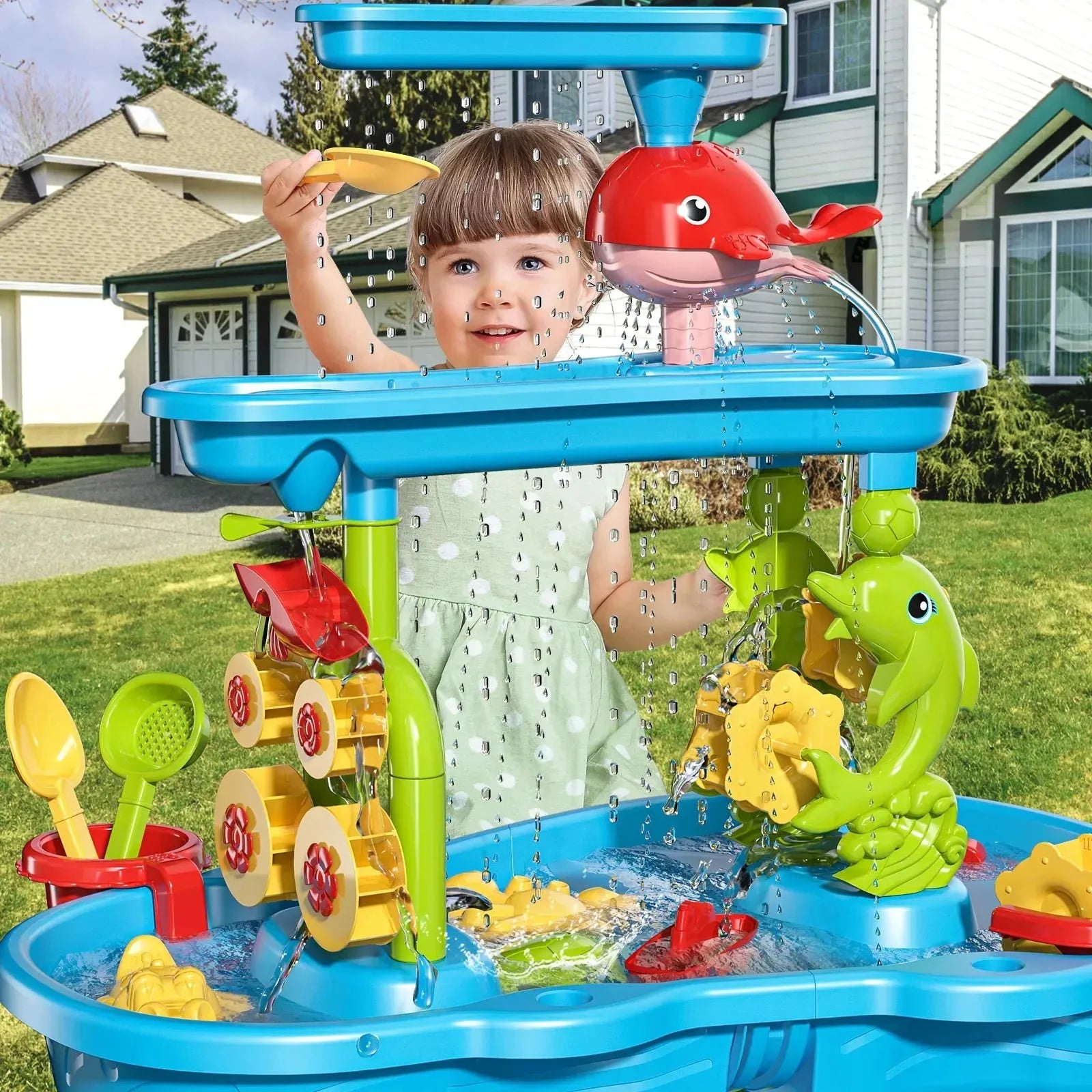 YOTOY Summer Water Table Boys Girls Beach Backyard Park Activity Toddler 3 Tier Water Sandbox and Kids Water Table - YOTOY